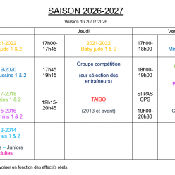 Horaire des cours saison 2026-2027